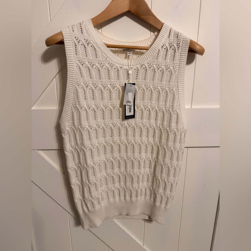 Minnie Rose Cotton Cashmere Sleeveless Pointelle Top Blouse $210 retail Large